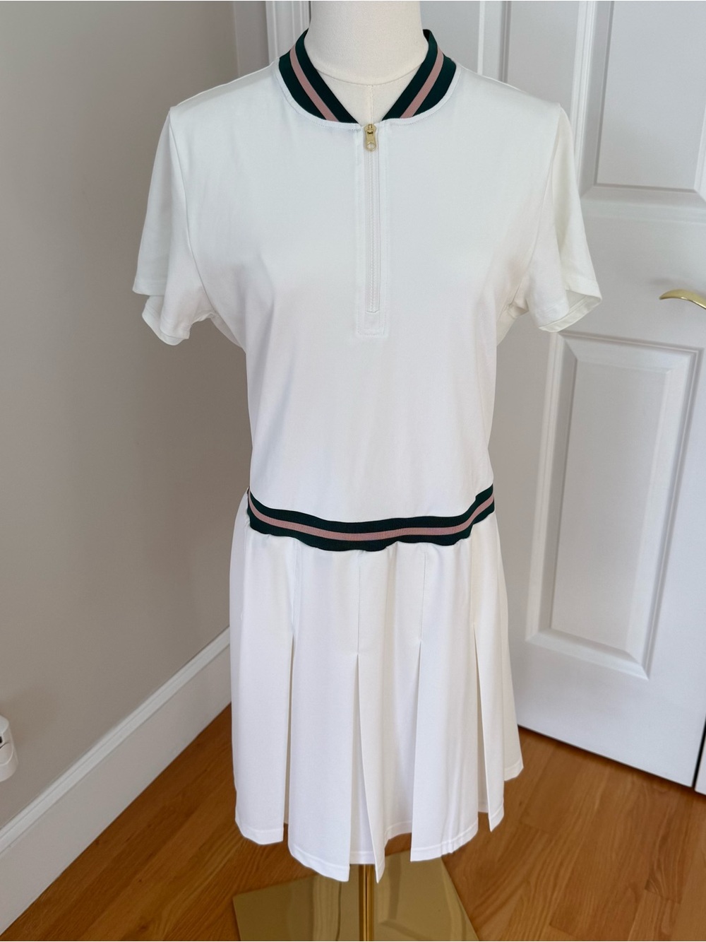 Varley White Short-Sleeve Tennis Dress with Green and Pink Stripe Trim